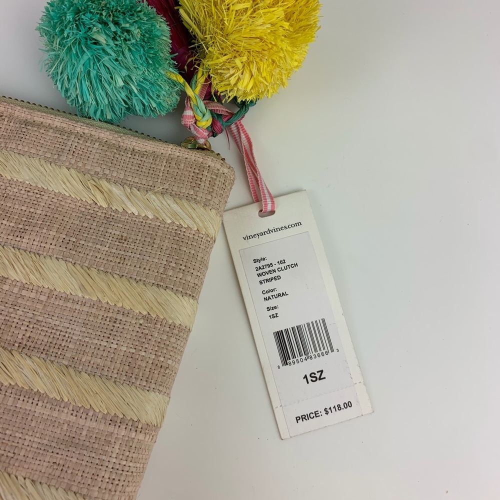 Vineyard Vines Woven Straw Clutch Pom Pom NWT Tan - Picture 4 of 8